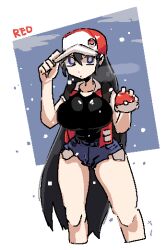 1girls baseball_cap black_hair blue_eyes breasts cap female genderswap_(mtf) hat jean_shorts large_breasts leebongchun pokeball pokemon red_(pokemon) rule_63 shorts snow snowing solo trucker_hat very_long_hair