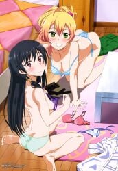 2girls absurdres all_fours ass barefoot bedroom black_hair blonde_hair blouse blue_panties blush bra breasts cleavage embarrassed feet green_eyes green_panties hajimete_no_gal highres kashii_yui long_hair looking_at_viewer looking_back megami_magazine multiple_girls official_art panties purple_panties red_eyes shirt sitting soles striped_bra striped_clothes table takeuchi_tetsuya teen teen_girl teenage teenage_girl thong toes topless underwear underwear_only unworn_clothes white_shirt yame_yukana