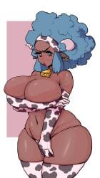 1girls afro alternate_breast_size bikini bikini_bottom blue_eyes blue_hair blush blush_lines blushing braless breast_hold breasts breasts_bigger_than_head covering_breasts covering_crotch cow_bell cow_ears cow_girl cow_horns cow_print cow_tag cowbell cowkini cowprint dark-skinned_female dark_skin embarrassed female hairband headband horns huge_breasts kinky_hair large_breasts leebongchun lenora_(pokemon) lips lipstick mature mature_female navel pokemon red_lips red_lipstick sleeves white_background