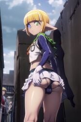 ai_generated ass ass_focus bubble_butt clothing dark-skinned_male dark_elf dark_skin elf elf_ears femboy girly heterochromia looking_at_viewer looking_back looking_back_at_viewer male male_only mare_bello_fiore mostly_clothed overlord_(maruyama) pear-shaped_figure pear_shaped short_skirt skirt small_ass small_balls small_breasts small_penis solo solo_focus solo_male tagme