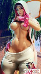 3d athletic_female big_breasts clutch_(fortnite) fortnite looking_at_viewer pubic_hair pulling_clothing sixser