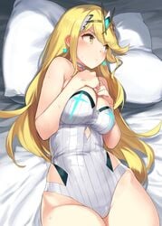 1girls 92m bangs bare_shoulders blonde_hair blush breasts cleavage closed_mouth covered_navel earrings female hands_on_own_chest highres jewelry large_breasts long_hair looking_to_the_side mythra nintendo on_bed one-piece_swimsuit pillow sidelocks swept_bangs swimsuit thighs tiara white_swimsuit xenoblade_(series) xenoblade_chronicles_2 yellow_eyes yellow_hair