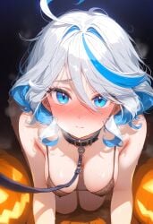 1girls ai_generated all_fours bikini blue_eyes blue_hair breasts dog_collar female furina_(genshin_impact) genshin_impact halloween hanging_breasts leash leash_and_collar looking_at_viewer nai_diffusion pet pumpkin solo stable_diffusion submissive submissive_female sweat sweatdrop sweating