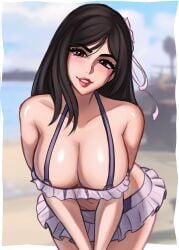 1female bare_shoulders beach big_breasts big_cleavage bikini black_hair blurred_background breast_focus breasts cleavage dark_hair female female_focus final_fantasy final_fantasy_vii final_fantasy_vii_rebirth final_fantasy_vii_remake flower_in_hair frilled_bikini front_view light-skinned_female long_hair looking_at_viewer magaska19 navel red_eyes red_lips sand square_enix swimsuit tifa_lockhart two_piece_swimsuit water