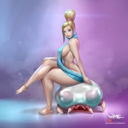 anklet barefoot beauty_mark big_ass big_breasts big_butt bimbo blonde_hair blue_eyes feet female looking_back metroid nail_polish nintendo pinkdrawz revealing_clothes samus_aran skimpy skimpy_clothes thick_thighs virgin_killer_sweater