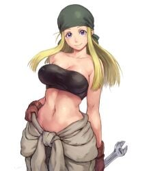 1girls blonde_female blonde_hair blue_eyes fullmetal_alchemist fullmetal_alchemist_brotherhood nipples_visible_through_clothing open_shorts short_shorts shu-mai unbuttoned_shorts white_background winry_rockbell wrench