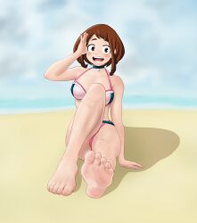 1girls barefoot beach bikini brown_eyes brown_hair feet female female_only my_hero_academia no_shoes ochako_uraraka shoes_off shoes_removed short_hair soles solo solo_female swimsuit swimwear tiptoes xifredac