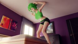 3d 3d_(artwork) ass_expansion bedroom big_breasts breast_expansion closed_eye covered_nipples female giantess giantess_growth green_eyes green_hair growth gumi megpoid_gumi minmax3d navel sequence spandex_shorts tagme tank_top vocaloid wide_hips