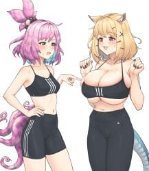 2girls :3 animal_ears arknights barefoot belly big_breasts black_nails blonde_hair blush breast_envy breast_size_difference cameltoe cleavage collarbone embarrassed eyelashes female female_only hairclip hand_on_hip hands_up highres huge_breasts kemonomimi kirara_(arknights) large_breasts light-skinned_female magenta_hair medium_support_(meme) meme multicolored_hair multiple_girls multiple_tails nail_polish navel open_mouth pink_hair pointy_ears poking poking_breasts purple_hair radioneet ready_to_pop short_hair shorts small_breasts sports_bra sportswear standing stomach sweatdrop tail tails topwear utage_(arknights) waist wavy_mouth white_background yoga_pants