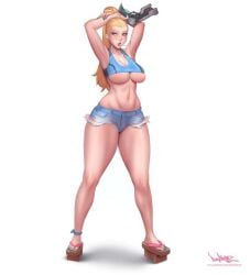 alternate_hairstyle beauty_mark big_breasts bimbo blonde_hair blue_eyes blue_nail_polish breasts cleavage geta lollipop metroid nail_polish nintendo painted_nails pinkdrawz samus_aran sandals short_shorts skimpy thick_thighs underboob