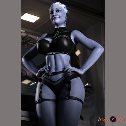 1girls 2024 3d 3d_(artwork) alien alien_girl artist_logo asari big_breasts blue_skin daz_studio depth_of_field female female_only hands_on_hips ladyabysso liara_t'soni lingerie looking_at_viewer mass_effect safe_for_work solo