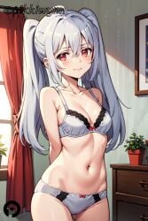 ai_generated arms_behind_back ass_visible_through_thighs bare_shoulders blush bow bow_bra bow_panties bra breasts cleavage closed_mouth collarbone cowboy_shot curtains female indoors isla_(plastic_memories) long_hair looking_at_viewer medium_breasts navel panties pikkiwynn plant plastic_memories red_eyes small_breasts smile solo standing stomach twintails underwear underwear_only white_bra white_panties window