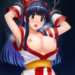 1girls ai_generated ainu_clothes arms_behind_head arms_up big_breasts blue_hair bottomless breasts breasts_out busty chained chains clothing_aside female female_only grey_eyes hair_ribbon highres king_of_fighters large_breasts long_hair looking_at_viewer nakoruru nipples open_clothes ribbon samurai_shodown sensual snk solo solo_focus sweat