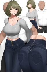 1boy alternate_breast_size ass black_pants blue_eyes breasts buttjob closed_mouth cropped_torso cum cum_in_pants cum_on_ass cum_on_clothes denim female green_hair grey_shirt highres idolmaster idolmaster_cinderella_girls jeans jewelry large_breasts legs_together long_sleeves midriff_peek mole mole_under_eye multiple_views necklace pants senju_(snz0) shirt short_hair short_sleeves simple_background standing straight takagaki_kaede textless_version white_shirt