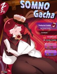 1girls big_breasts breasts captain_kirb clothed clothing cookie cookie_run cookie_run_kingdom female female_only game_ui gameplay_mechanics linzer_cookie red_hair sleeping solo somnophilia thick_thighs white_eyelashes wide_hips zzz