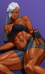 1girls commission dark-skinned_female dark_skin female female_only fingerless_gloves long_hair looking_at_viewer lying_on_side muscular muscular_female sega shorts solo sotcho topwear vanessa_lewis very_high_resolution virtua_fighter white_hair workout_clothes