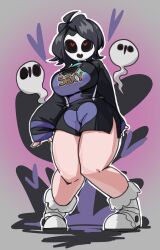 1girls ahoge allister_(pokemon) black_hair breasts english english_text female full_body genderswap_(mtf) ghost ghosts heart heart-shaped_pupils large_breasts leebongchun long_sleeves mask masked_female plump pokemon rule_63 shoes short_hair shorts solo thick_thighs thighs