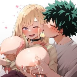 1boy 1girls affection affectionate after_impregnation ai_generated alternate_breast_size boku_no_hero_academia breast_grab couple crossover dreson female huge_breasts human izuku_midoriya kitagawa_marin male milk my_hero_academia nipples sono_bisque_doll_wa_koi_wo_suru touching_breast