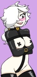 1girls bdsm_gear bdsm_harness bdsm_outfit bondage boots bound brawl_stars colette_(brawl_stars) female heart-shaped_pupils leather straitjacket taped_nipples thighhighs