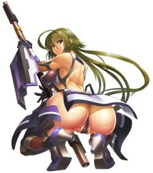 00s asagiri ass bodysuit breasts covered_erect_nipples female female_focus green_hair high_heel_boots high_heels highres large_breasts legs leotard lilith-soft long_hair looking_at_viewer looking_back official_art open_mouth pussy red_eyes serious shijo_kisaragi shiny_skin skin_tight solo taimanin_(series) taimanin_asagi taimanin_asagi_kessen_arena thong_leotard weapon