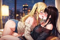 2girls ai_generated black_hair blonde_hair cutoffs embarrassed friends gold_sweater indoors jabami_yumeko kakegurui kissing large_breasts long_hair night night_city off_shoulder off_shoulder_sweater saliva saliva_trail saotome_meari sweat sweater thighs wet yuri