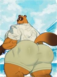 2024 aloha_shirt animal_crossing anthro ass barazoku big_butt big_muscles bottomwear bubble_butt canid canine clothed clothing cloud collaboration day fur furryonline1 hi_res huge_butt huge_muscles huge_thighs looking_back male mammal meejikom muscular muscular_anthro muscular_male narrowed_eyes nintendo outside pattern_clothing pattern_shirt pattern_topwear presenting presenting_hindquarters raccoon_dog rear_view shirt shorts sky solo tanuki thick_thighs tight_bottomwear tight_clothing tight_shorts tom_nook tom_nook_(animal_crossing) topwear tuft