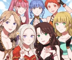 6+girls :d :q anime anime_style artist_name bare_shoulders bikini black_gloves blonde_hair blue_bikini blue_hair blue_sky blunt_bangs blush bracelet braid breasts brown_bikini brown_hair casual_one-piece_swimsuit choker cleavage closed_mouth cloud collarbone commentary crown_braid dorothea_arnault dorothea_arnault_(summer) earrings edelgard_von_hresvelg edelgard_von_hresvelg_(summer) eyewear_on_head fingerless_gloves fire_emblem fire_emblem:_three_houses fire_emblem_heroes flower frilled_bikini frilled_one-piece_swimsuit frills gloves green_eyes grey_eyes hair_flower hair_ornament hair_over_shoulder highres hilda_valentine_goneril hilda_valentine_goneril_(summer) ingrid_brandl_galatea ingrid_brandl_galatea_(summer) jewelry leonie_pinelli leonie_pinelli_(summer) long_hair looking_at_viewer marianne_von_edmund marianne_von_edmund_(summer) medium_breasts mercedes_von_martritz mercedes_von_martritz_(summer) multiple_girls nail_polish not_porn official_alternate_costume one-piece_swimsuit one_eye_closed open_mouth orange_hair peach11_01 pink_eyes pink_hair pink_nails purple_eyes purple_nails red_one-piece_swimsuit short_hair sky smile swept_bangs swimsuit symbol-only_commentary tongue tongue_out twitter_username v white_flower white_hair