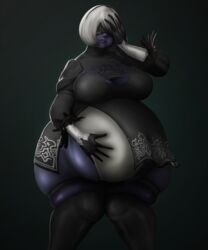 belly_inflation big_breasts blindfold blue_skin blueberry_inflation breast_inflation dress gloves hairband hyper_inflation nier:_automata puffy_cheeks raikovjaba stockings thick_thighs tight_clothing white_hair wide_hips yorha_2b