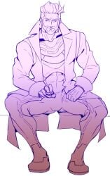 1boy bara bulge clothed male male_only muscles muscular muscular_male na_insoo pokemon pokemon_sv professor_turo rennik spread_legs uncolored