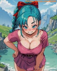 1girls ai_generated aqua_eyes aqua_hair aroused bent_over big_breasts blue_eyes blue_hair blush bow bulma_briefs cleavage collarbone dragon_ball dress grin hairbow hi_res horny large_breasts leaning_forward mabi_ai naughty_face nipple_bulge pink_dress ponytail thick_thighs wide_hips