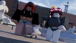 2girls 3d areola_slip areolae dndoodle nipples nipples_visible_through_clothing outside partially_clothed public public_nudity roblox roblox_avatar robloxian self_upload shorts shy skateboard skatepark tagme thighs underboob