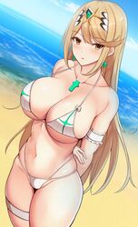 1girls arm_garter arms_behind_back bangs bare_shoulders beach bikini blonde_hair blue_sky blush breasts chest_jewel cleavage collarbone earrings female highres jewelry large_breasts long_hair looking_at_viewer mythra navel nintendo noeomi open_mouth shore sky swept_bangs swimsuit thigh_strap thighs tiara white_bikini xenoblade_(series) xenoblade_chronicles_2 yellow_eyes yellow_hair