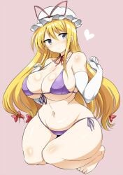 :o bad_id bad_pixiv_id barefoot bikini blonde_hair blush body_blush breasts cleavage clenched_hands curvy elbow_gloves female full_body gloves hat heart highres huge_breasts large_breasts long_hair looking_at_viewer low-tied_long_hair mature_female micro_bikini milf mob_cap navel plump purple_eyes solo squatting swimsuit thick_thighs thighs toes touhou very_long_hair wedge_(tyrl_stride) wide_hips yakumo_yukari yukari_yakumo