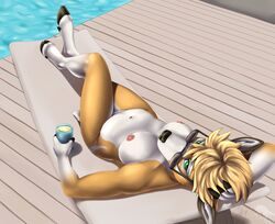 anthro blonde_hair breasts brown_fur cervid cervine cup deer detailed_background female female_only fluffy fluffy_tail glasses green_eyes holding holding_object laying_down linsey_huish nipples sidian solo tail water white_fur white_hair