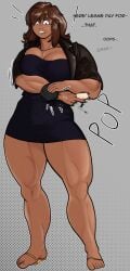 big_breasts big_thighs breast_squeeze bushmannerino clumsy commission dark-skinned_female dark_hair dark_skin date dress giant_breasts giantess large_breasts larger_female long_hair muscular muscular_arms muscular_female muscular_legs muscular_thighs newgrounds newgrounds_username slippers surprised surprised_expression thick_thighs tight_clothing tight_fit wallet wide_hips