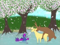 breeding_season cherry_blossom deer deerling dragon duo female feral fur generation_5_pokemon genitals male male/female mammal mythological_creature mythological_scalie mythology nintendo penis plant pokemon pokemon_(species) scalie sex spring_deerling sunkami