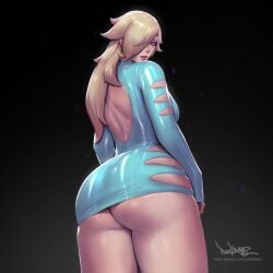 1girls ass big_ass big_breasts bimbo blonde_hair blue_eyes body bodycon clothing dat_ass female female_only fully_clothed lipstick long_hair looking_at_viewer looking_back mario_(series) nail_polish nintendo painted_nails pinkdrawz princess_rosalina revealing_clothes shiny_clothes solo standing tight_clothing