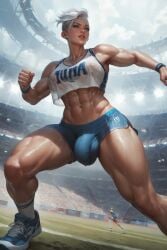 1futa abs ai_generated areolae ball_bulge balls balls_under_clothes bare_midriff biceps big_bulge blue_shorts blue_sneakers bulge erect_nipples flaccid futa_focus futa_only futanari muscular muscular_arms muscular_futanari muscular_shoulders muscular_thighs nipples no_bra penis penis_bulge penis_under_clothes running santarvengar short_hair short_shorts sneakers socks solo_futa sports stable_diffusion stadium sweat sweaty sweaty_clothes tagme white_hair white_socks