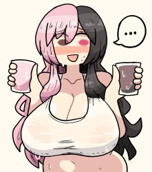 blush brown_eyes brown_hair clothing heterochromia huge_breasts milk multicolored_hair neo_(rwby) notnoe_(dxcl) pink_eyes pink_hair rwby sweat