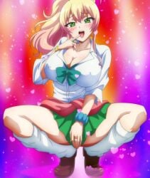 anime_screencap blonde_hair blush breasts brown_loafers cleavage covered_erect_nipples female finger_to_mouth green_eyes gyaru hajimete_no_gal hand_on_crotch highres kneehighs large_breasts loafers looking_at_viewer loose_socks medium_hair naughty_face open_mouth ponytail presenting school_uniform shoes skirt socks socks_and_shoes solo spread_legs tongue tongue_out white_socks yame_yukana