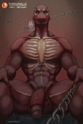 1boy 2024 abs balls chains dominant dominant_male erection exposed_muscle exposed_ribcage fear_and_hunger first_person_view genitals hi_res holding_chain humanoid humanoid_genitalia humanoid_penis imminent_oral leash leashed_pov legs_apart looking_at_viewer low-angle_view male male_only masculine penis red_body red_penis ribcage ronn_chambara ronn_chambara_(fear_and_hunger) simple_background sitting skinless solo teratophallia thighs watermark white_pupils