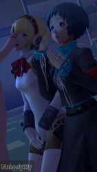 1boy 2girls 3d aigis_(persona) clothing female fuuka_yamagishi human licking_penis looking_up male male/female nobodyrly_(artist) pale_skin persona persona_3 persona_3_reload robot robot_girl sfm shin_megami_tensei unseen_male_face