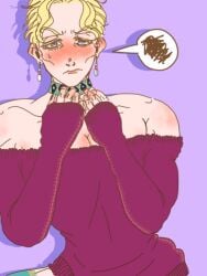 1boy blush crossdressing diamond_is_unbreakable donocho dress femboy jojo's_bizarre_adventure looking_embarrassed male male_in_dress male_only manly_crossdresser muscular_femboy muscular_male muscular_twink off_the_shoulder solo solo_male sweater_dress twink twunk yoshikage_kira