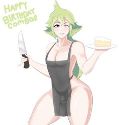 1boy androgynous apron balls bulge cake curvy english_text eyebrows_visible_through_hair eyelashes femboy flaccid food girly green_eyes green_hair hair_between_eyes highres holding_food holding_knife holding_plate human knife lips long_hair looking_at_viewer male male_only naked_apron natural_harmonia_gropius nintendo one_eye_closed penis penis_under_apron plate pokemon pokemon_bw sissy small_penis smile smiling solo standing team_plasma teeth testicles text thick_thighs trap white_background wide_hips wink winking xiceowl