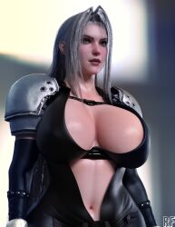 3d curvaceous curvy_female female_version final_fantasy final_fantasy_vii final_fantasy_vii_remake genderswap_(mtf) green_eyes highres large_breasts long_white_hair rude_frog rule_63 sephimom sephiroth shoulder_pads silver_hair square_enix white_hair