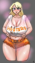 1girls bbw beauty_mark blonde_female blonde_hair blue_eyes blush blush_lines blushing breasts crop_top curvaceous curvy curvy_female curvy_figure dark_blue_eyes fat fat_ass female hooters hooters_uniform large_breasts leebongchun mole mole_under_mouth navel original original_character plump short_hair solo solo_focus tanned tanned_female tanned_skin thick thick_thighs thighs thong_straps voluptuous voluptuous_female whale_tail wide_hips