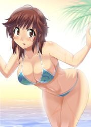 amagami aqua_bikini ass beach bent_over bikini breasts brown_eyes brown_hair cleavage female highres large_breasts messy_hair sakurai_rihoko short_hair solo swimsuit teen teen_girl teenage teenage_girl teenager utamaro wet