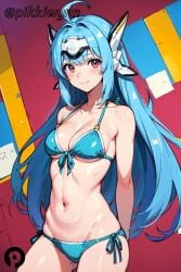 ahoge ai_generated android bikini blue_bikini blue_hair blush breasts cleavage collarbone female kos-mos long_hair looking_at_viewer medium_breasts navel pikkiwynn red_eyes side-tie_bikini_bottom smile solo swimsuit xenosaga