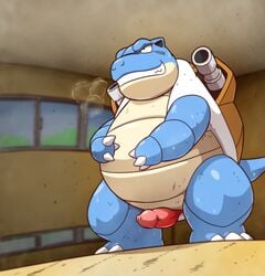 2020 anthro blastoise blue_body bodily_fluids detailed_background genitals inside kemono male male_only nintendo overweight overweight_anthro overweight_male penis pokémon_(species) pokemon solo solo_male sweat unagi_bukuro video_games