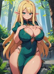 1girls ai_generated big_breasts blonde_hair cleavage cleavage_cutout dress elf forest green_eyes hands_on_breasts hi_res huge_breasts large_breasts long_hair mabi_ai mature mature_female milf original original_character pelvic_curtain pointy_ears side_slit skindentation thick_thighs wide_hips